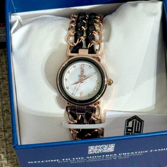 Montres Prestige Black Braided Bracelet Watch Rose Gold Coquette Minimalist main image 5